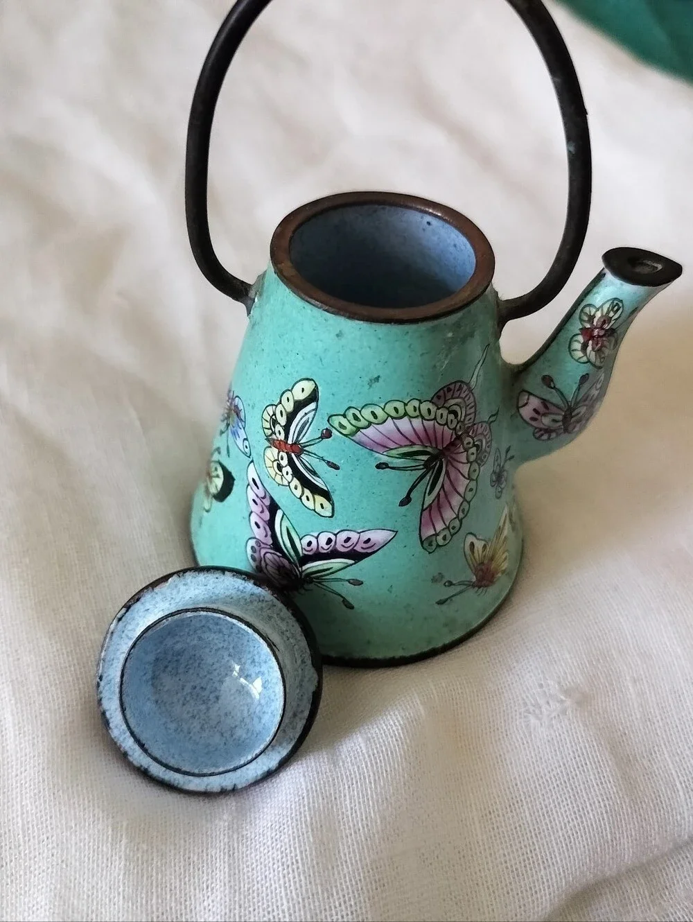 Vintage Empress Arts Enameled Metal Green Butterflies Mini Teapot
